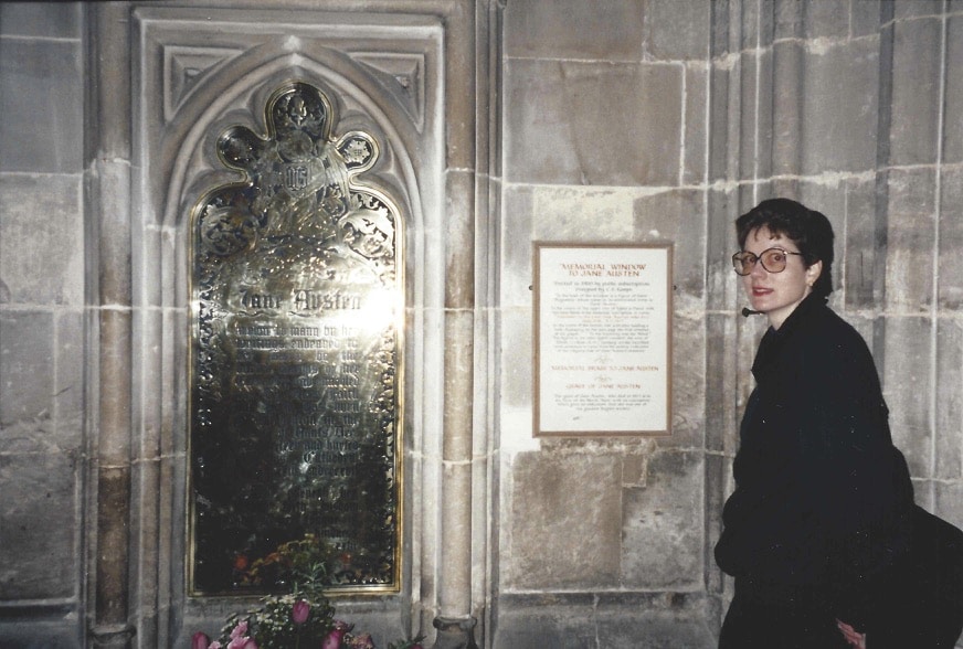 Tamara [& Geoffrey] at Jane Austen’s grave in Winchester Cathedral, England